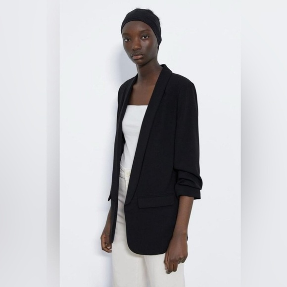 Zara Black Poly Viscose Ruched 3/4 Sleeve Open Front Boyfriend Jacket  size S - Picture 1 of 6